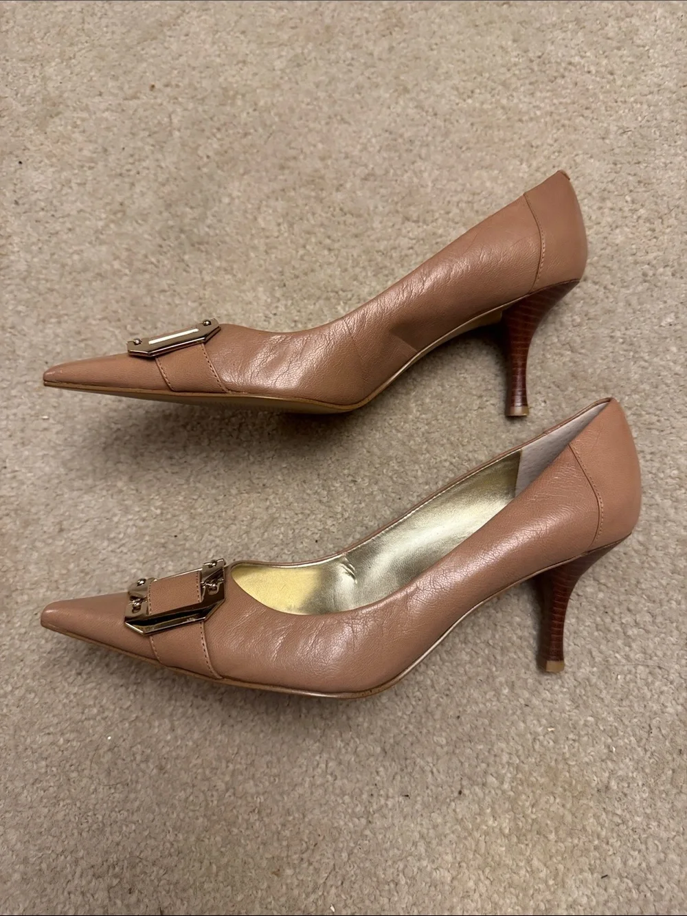 Nine West Taupe Pointed-Toe Pumps with Decorative Buckle